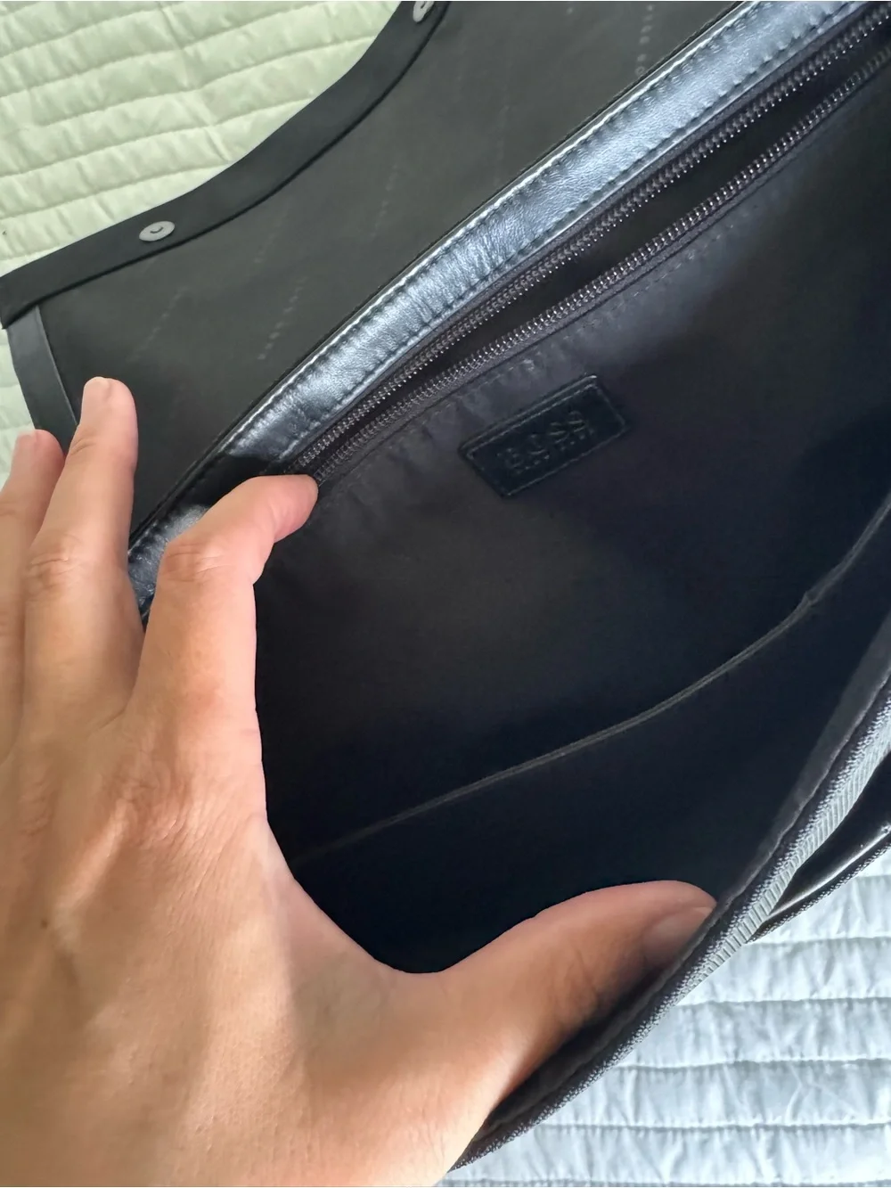 Vintage HUGO BOSS Black Nylon Messenger Bag with Leather Trim Work School Travel